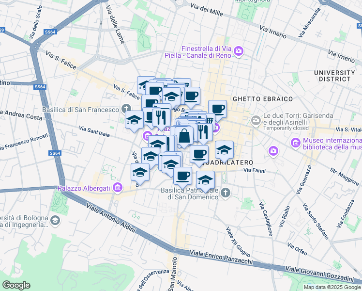 map of restaurants, bars, coffee shops, grocery stores, and more near 6 Piazza Galileo in Bologna