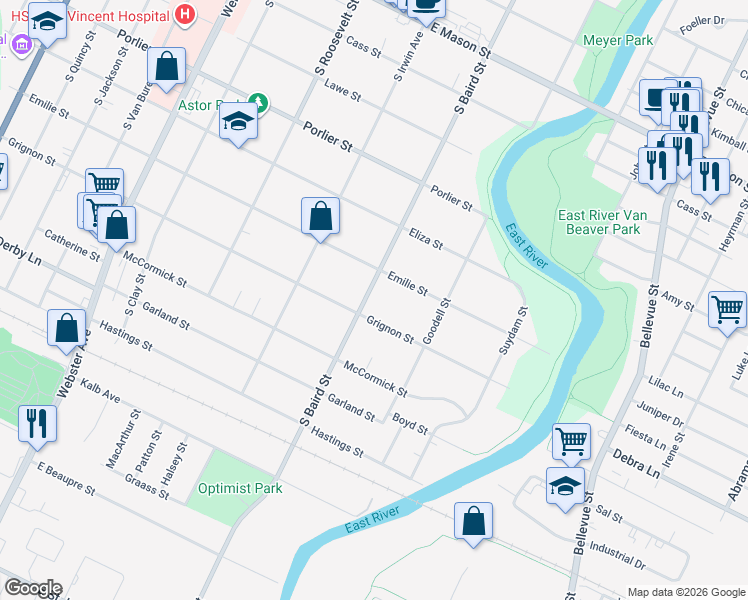 map of restaurants, bars, coffee shops, grocery stores, and more near 1150 South Baird Street in Green Bay