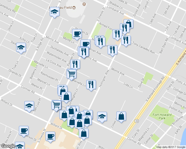 map of restaurants, bars, coffee shops, grocery stores, and more near 806 William Charles Court in Green Bay