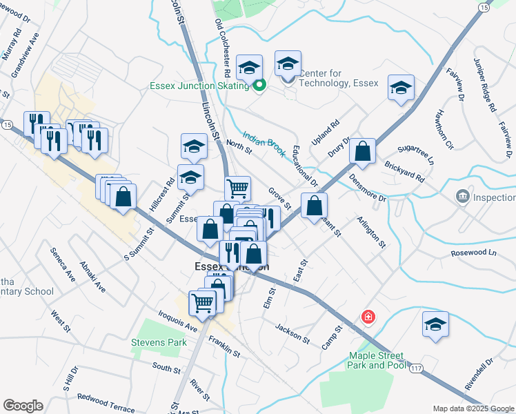 map of restaurants, bars, coffee shops, grocery stores, and more near 12 Central Street in Essex