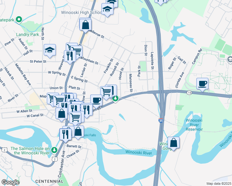 map of restaurants, bars, coffee shops, grocery stores, and more near 8 Hood Street in Winooski