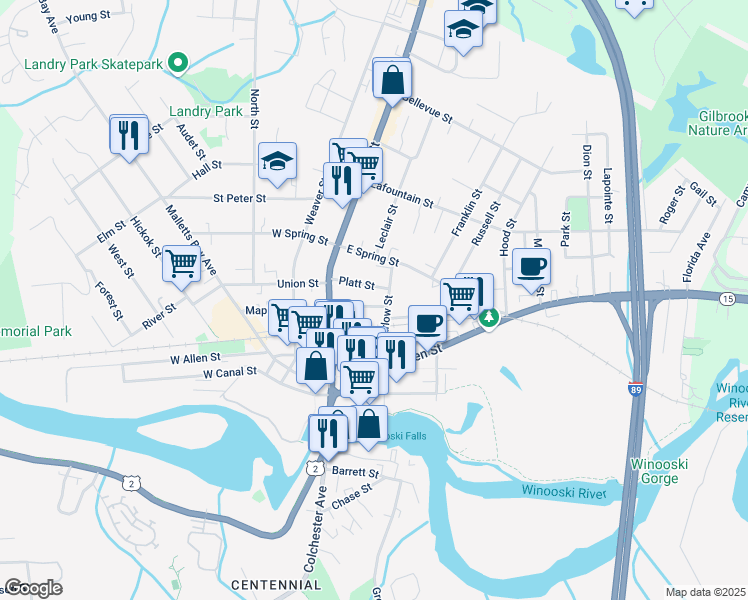 map of restaurants, bars, coffee shops, grocery stores, and more near 31 Mansion Street in Winooski