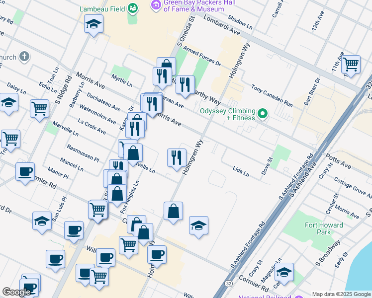 map of restaurants, bars, coffee shops, grocery stores, and more near 2132 Holmgren Way in Green Bay