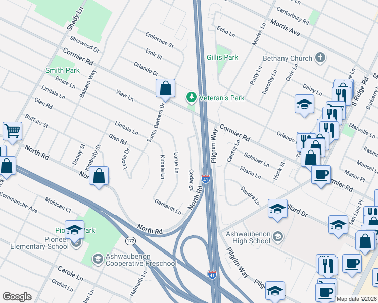 map of restaurants, bars, coffee shops, grocery stores, and more near 2360 Cedar Ridge in Green Bay