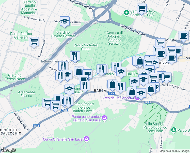 map of restaurants, bars, coffee shops, grocery stores, and more near 199 Via Andrea Costa in Bologna