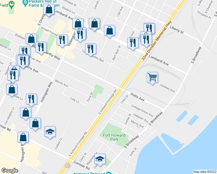 map of restaurants, bars, coffee shops, grocery stores, and more near 2040 South Ashland Avenue in Green Bay