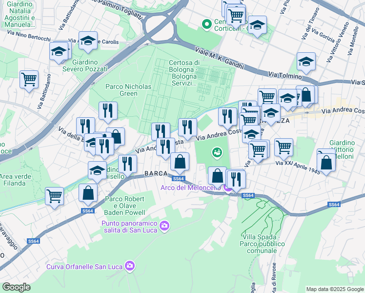 map of restaurants, bars, coffee shops, grocery stores, and more near 198 Via Andrea Costa in Bologna