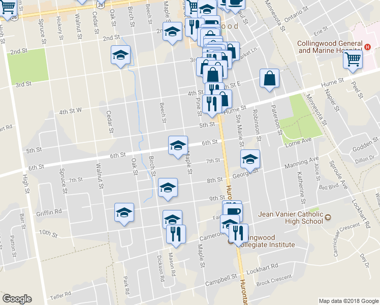 map of restaurants, bars, coffee shops, grocery stores, and more near 397 Maple Street in Collingwood