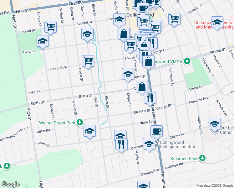 map of restaurants, bars, coffee shops, grocery stores, and more near 142 Sixth Street in Collingwood