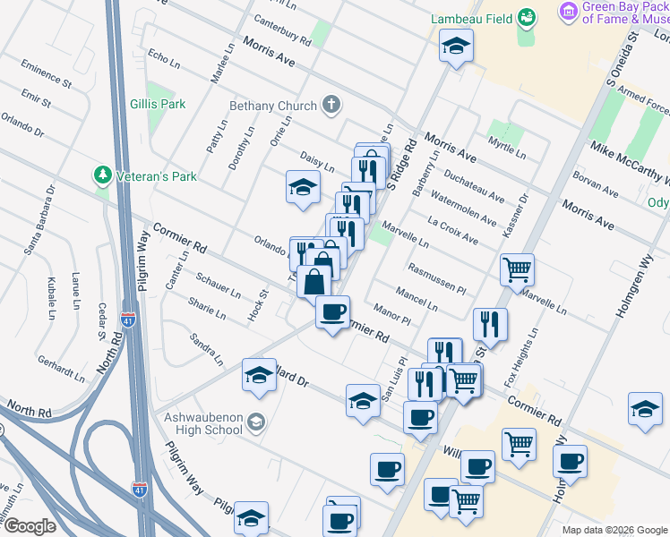 map of restaurants, bars, coffee shops, grocery stores, and more near 2248 South Ridge Road in Green Bay