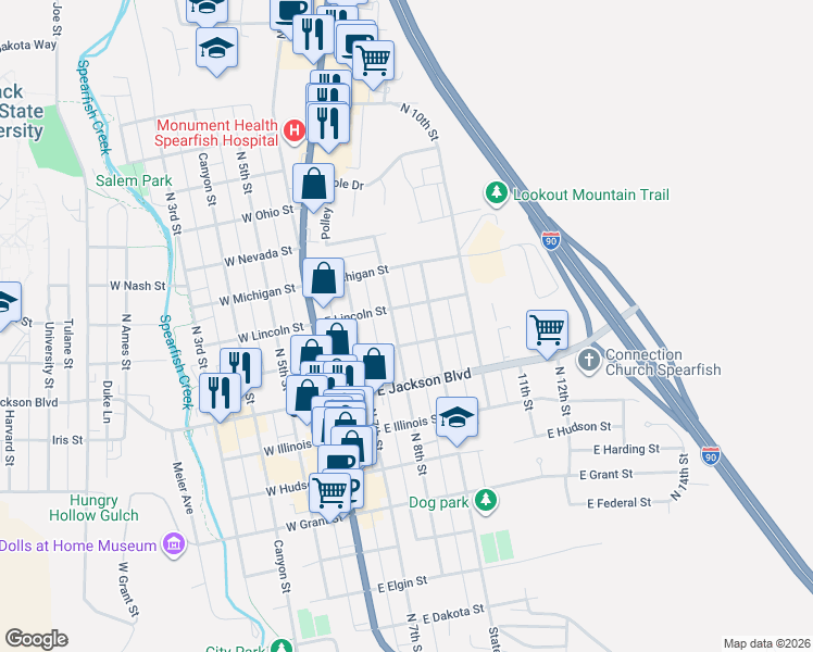 map of restaurants, bars, coffee shops, grocery stores, and more near 300-398 East Kansas Street in Spearfish