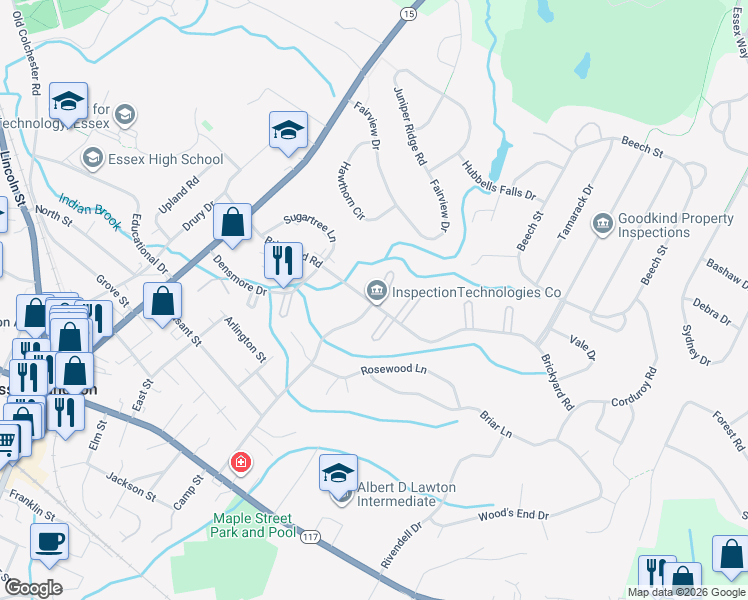 map of restaurants, bars, coffee shops, grocery stores, and more near 34 Brickyard Road in Essex