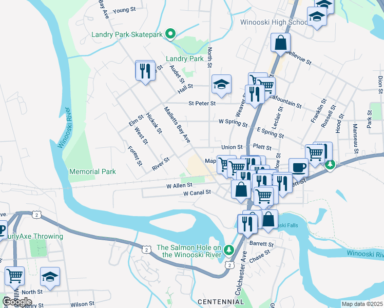 map of restaurants, bars, coffee shops, grocery stores, and more near 74 Malletts Bay Avenue in Winooski