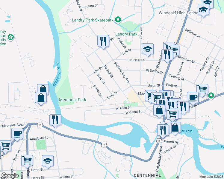 map of restaurants, bars, coffee shops, grocery stores, and more near 13 West Street in Winooski