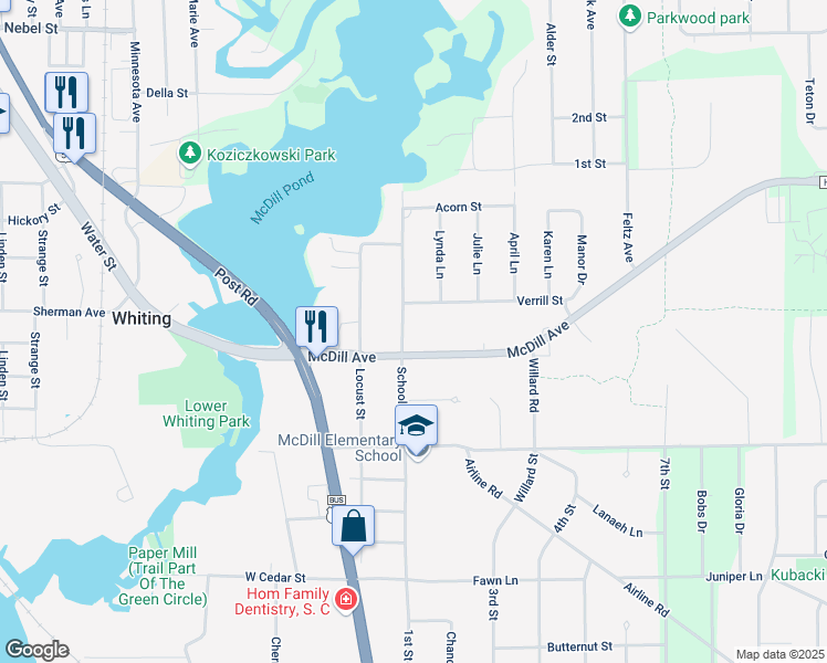map of restaurants, bars, coffee shops, grocery stores, and more near 2108 School Street in Stevens Point