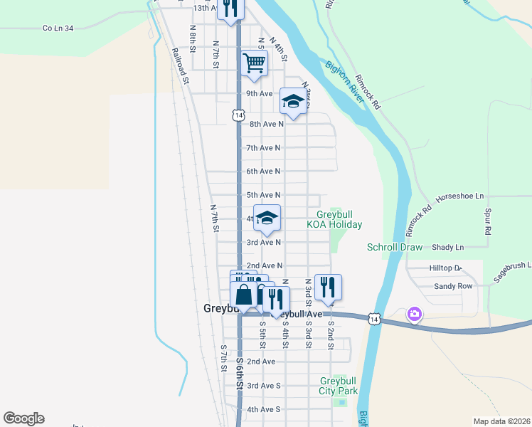 map of restaurants, bars, coffee shops, grocery stores, and more near 498 4th Avenue North in Greybull