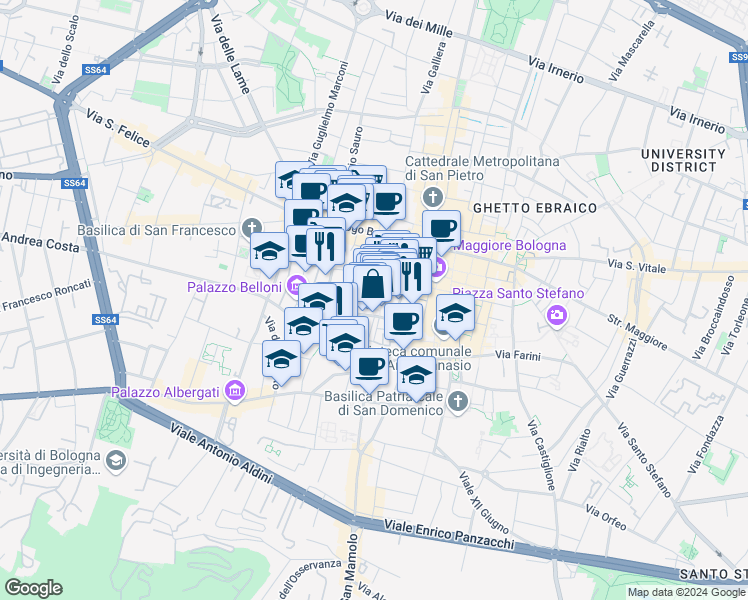 map of restaurants, bars, coffee shops, grocery stores, and more near 6 Piazza Galileo in Bologna