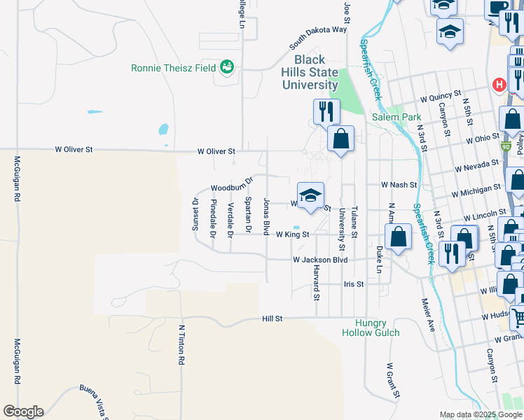 map of restaurants, bars, coffee shops, grocery stores, and more near 927 Jonas Boulevard in Spearfish