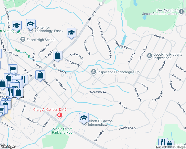 map of restaurants, bars, coffee shops, grocery stores, and more near 70 Brickyard Road in Essex