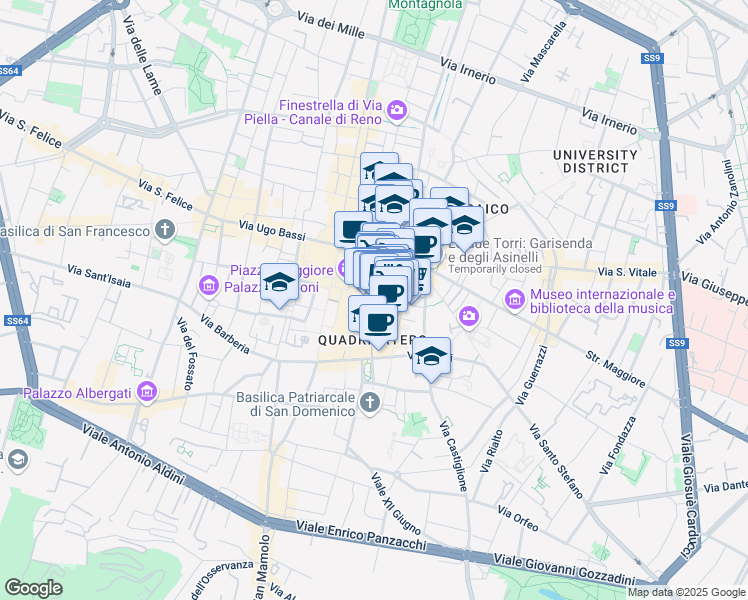 map of restaurants, bars, coffee shops, grocery stores, and more near in Bologna