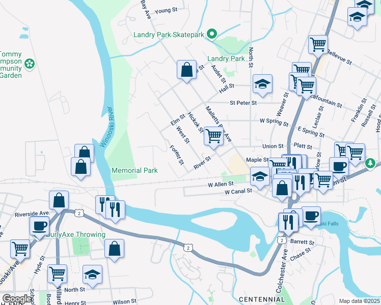 map of restaurants, bars, coffee shops, grocery stores, and more near 29 Forest Street in Winooski