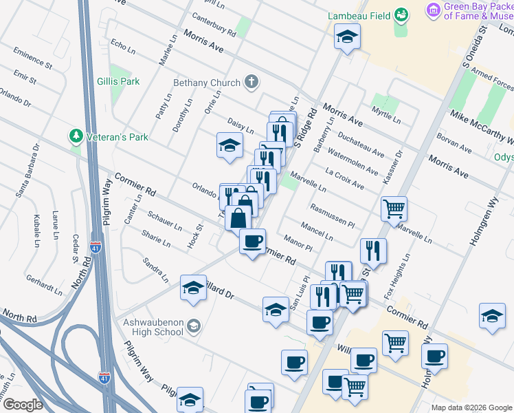 map of restaurants, bars, coffee shops, grocery stores, and more near 2248 South Ridge Road in Green Bay