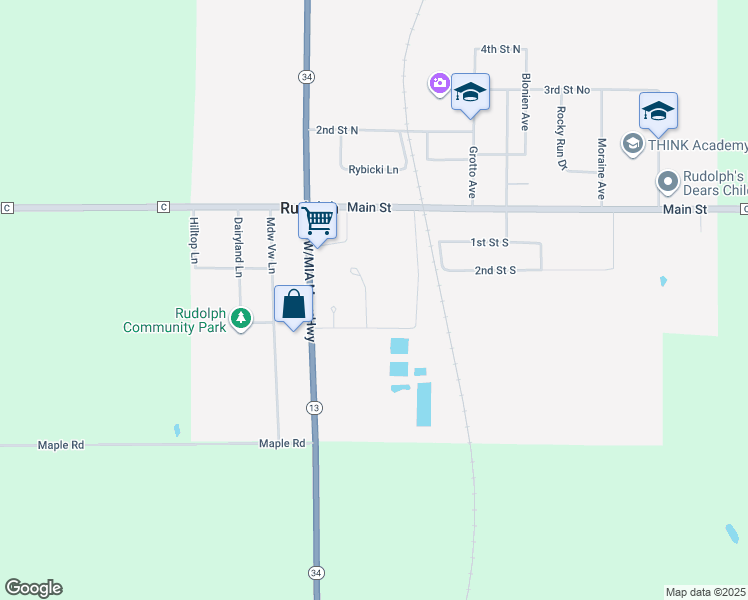 map of restaurants, bars, coffee shops, grocery stores, and more near 6814 Larkspur Road in Rudolph