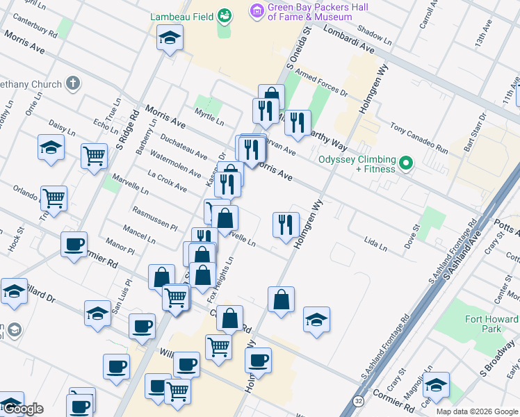 map of restaurants, bars, coffee shops, grocery stores, and more near 746 Element Way in Ashwaubenon