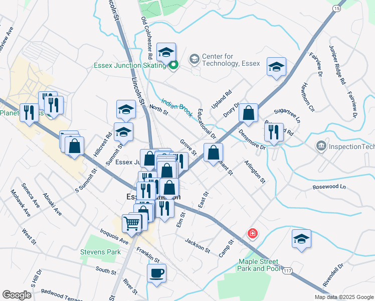 map of restaurants, bars, coffee shops, grocery stores, and more near 29 Central Street in Essex