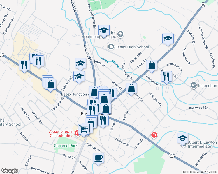 map of restaurants, bars, coffee shops, grocery stores, and more near 12 Central Street in Essex