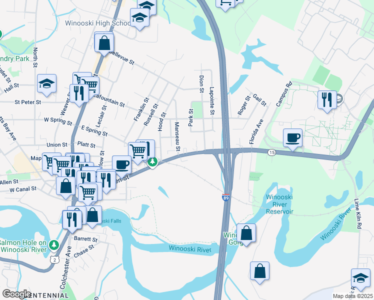map of restaurants, bars, coffee shops, grocery stores, and more near 280 East Allen Street in Winooski