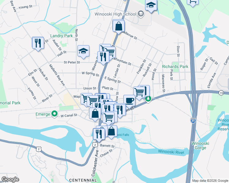 map of restaurants, bars, coffee shops, grocery stores, and more near 31 Mansion Street in Winooski