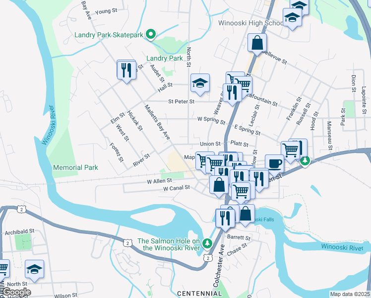map of restaurants, bars, coffee shops, grocery stores, and more near 65 Maple Street in Winooski