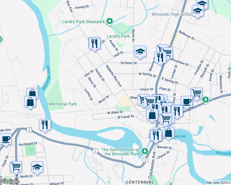 map of restaurants, bars, coffee shops, grocery stores, and more near 52 Hickok Street in Winooski