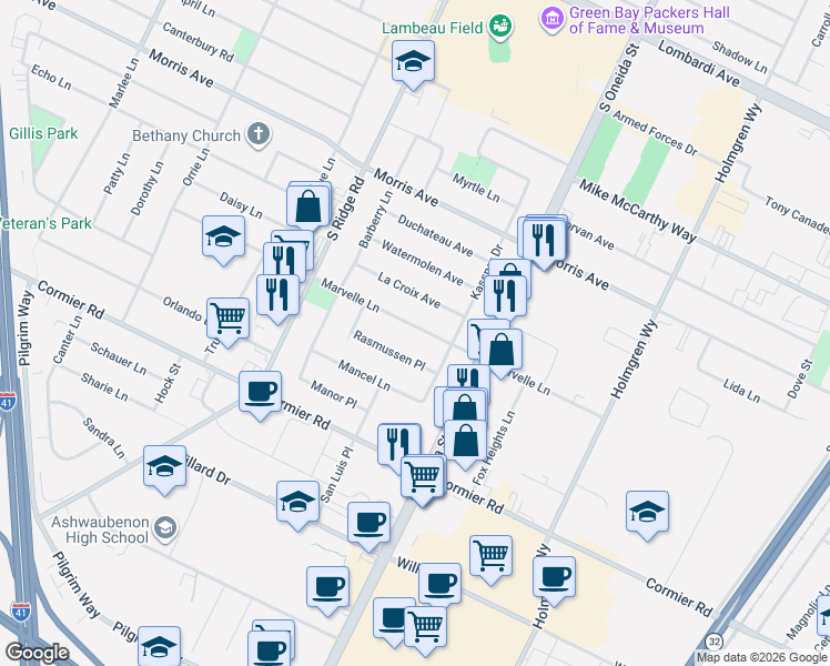 map of restaurants, bars, coffee shops, grocery stores, and more near 915 Marvelle Lane in Ashwaubenon