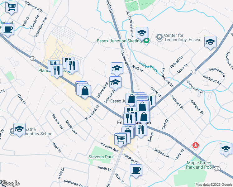 map of restaurants, bars, coffee shops, grocery stores, and more near 17 Summit Street in Essex
