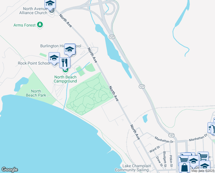 map of restaurants, bars, coffee shops, grocery stores, and more near 455 North Avenue in Burlington