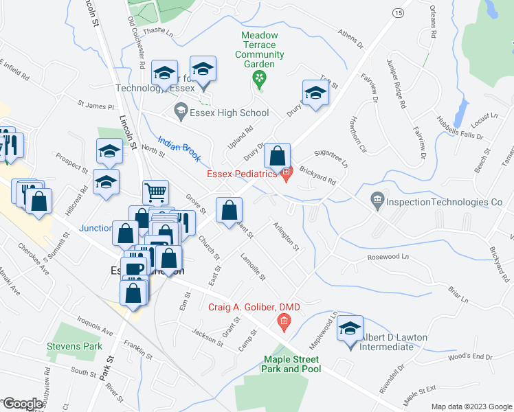 map of restaurants, bars, coffee shops, grocery stores, and more near 323 Sherwood Square in Essex