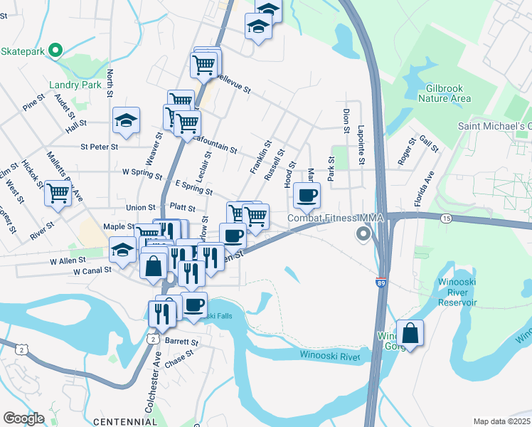 map of restaurants, bars, coffee shops, grocery stores, and more near 157 East Spring Street in Winooski