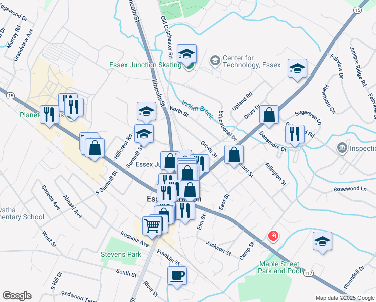 map of restaurants, bars, coffee shops, grocery stores, and more near 12 Central Street in Essex