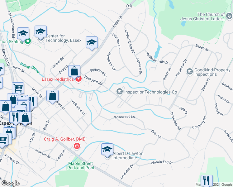 map of restaurants, bars, coffee shops, grocery stores, and more near 60 Brickyard Road in Essex