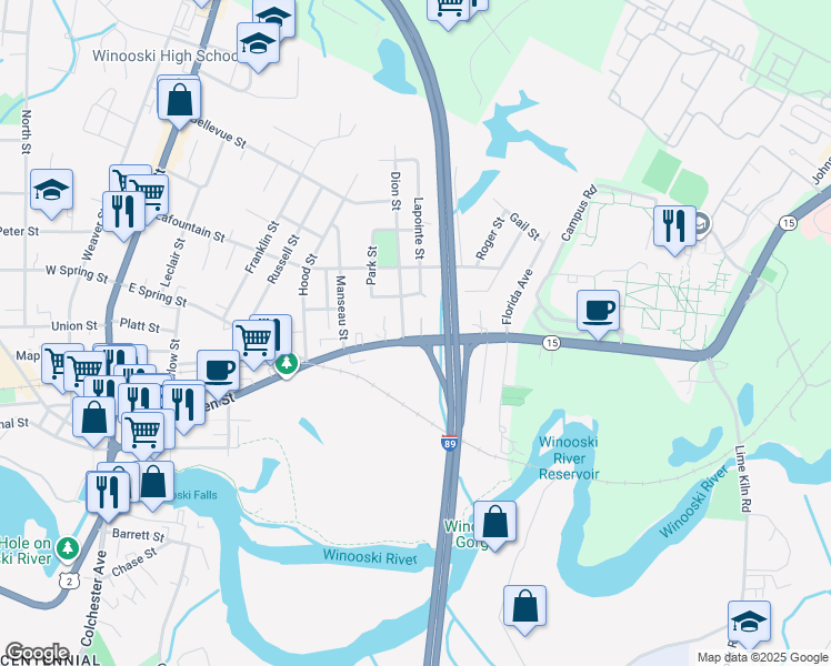 map of restaurants, bars, coffee shops, grocery stores, and more near 298 East Allen Street in Winooski