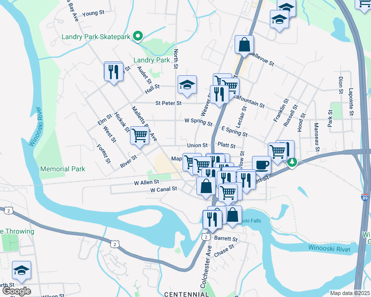 map of restaurants, bars, coffee shops, grocery stores, and more near 65 Maple Street in Winooski