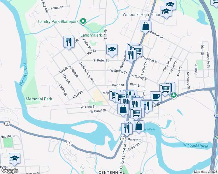 map of restaurants, bars, coffee shops, grocery stores, and more near 65 Maple Street in Winooski