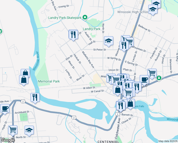 map of restaurants, bars, coffee shops, grocery stores, and more near 52 Hickok Street in Winooski