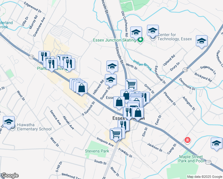 map of restaurants, bars, coffee shops, grocery stores, and more near 17 Summit Street in Essex