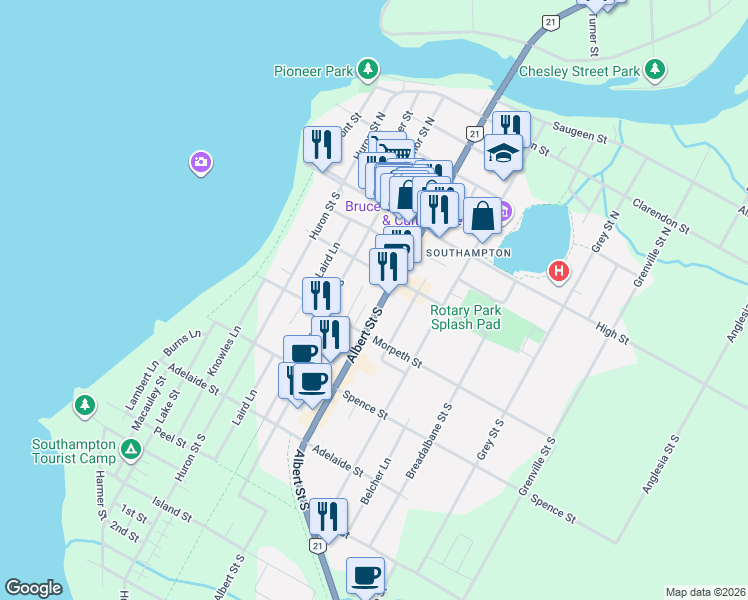 map of restaurants, bars, coffee shops, grocery stores, and more near 79 Albert Street South in Saugeen Shores