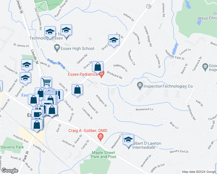 map of restaurants, bars, coffee shops, grocery stores, and more near 167 Densmore Drive in Essex