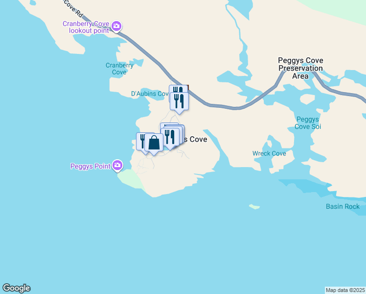 map of restaurants, bars, coffee shops, grocery stores, and more near 104 Peggys Cove Road in Peggy's Cove