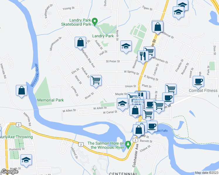map of restaurants, bars, coffee shops, grocery stores, and more near 102 Union Street in Winooski